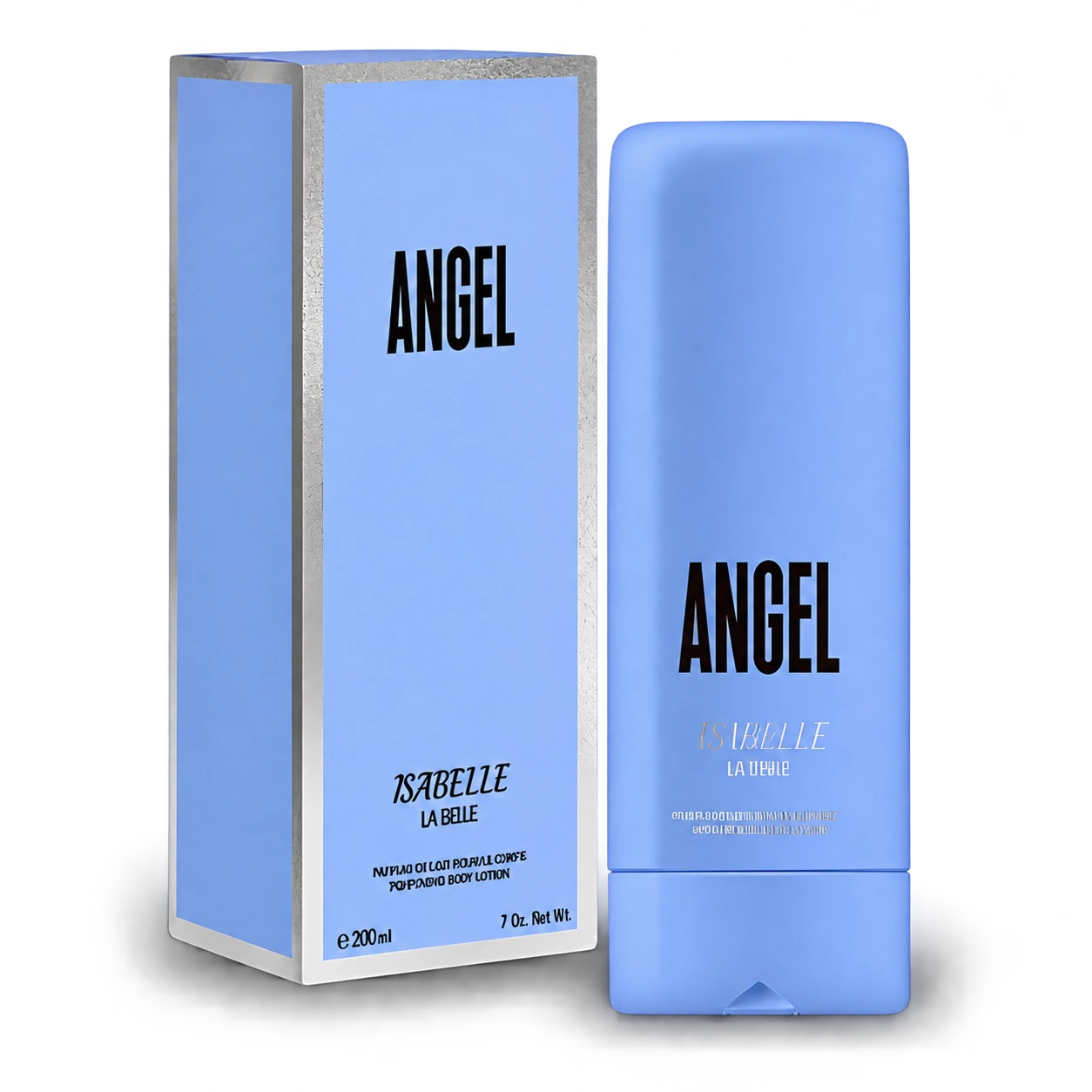 Creme corporal Angel com frasco e embalagem azuis