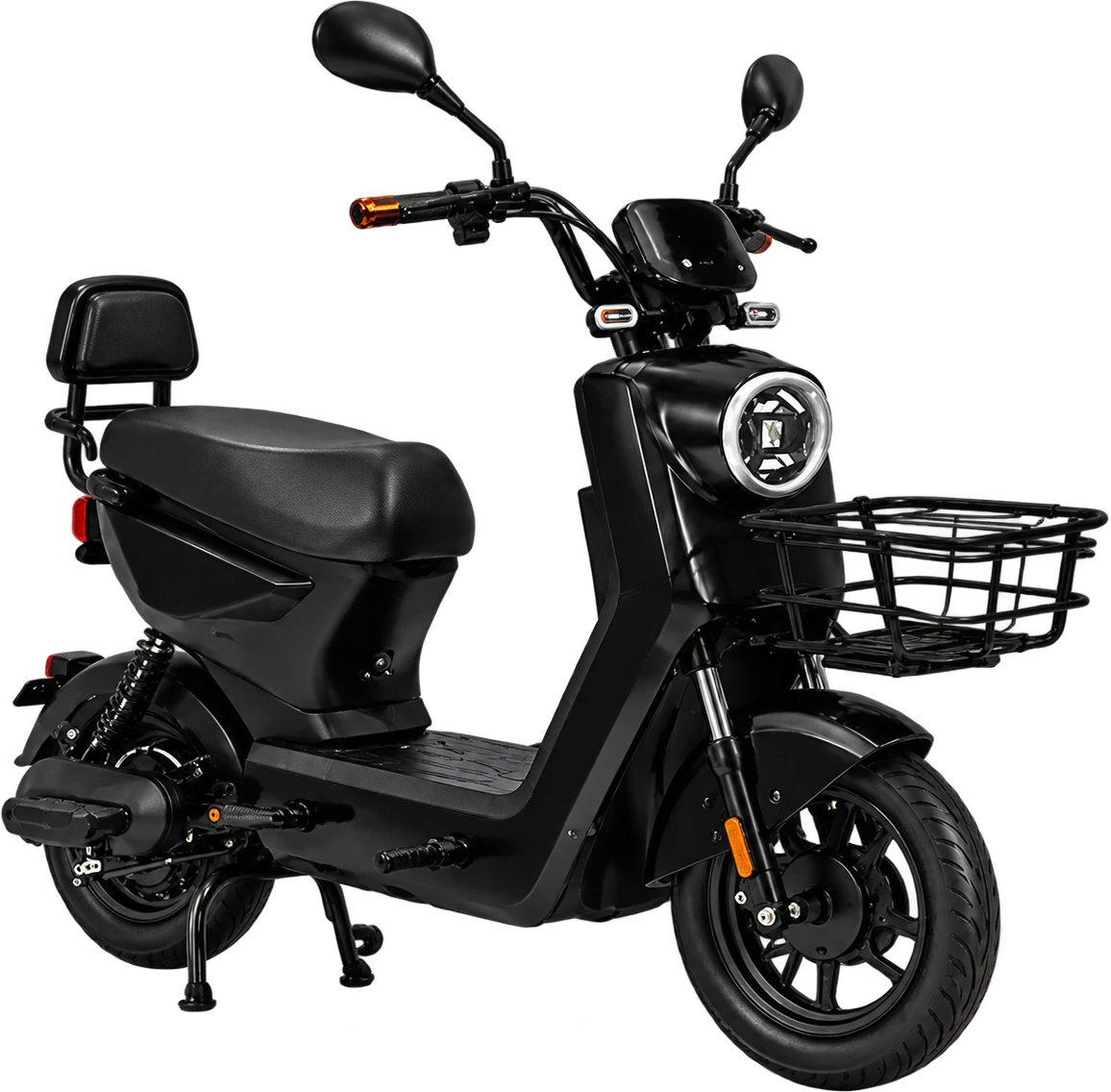 Scooter elétrica preta da linha MOBI com cesta dianteira