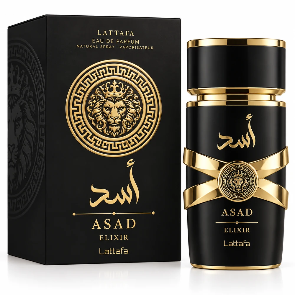 Perfume Asad Elixir da Lattafa com frasco e embalagem